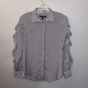 BANANA REPUBLIC Dillon Shirt Navy Striped Blouse Ruffle Accent Sleeves Size XS